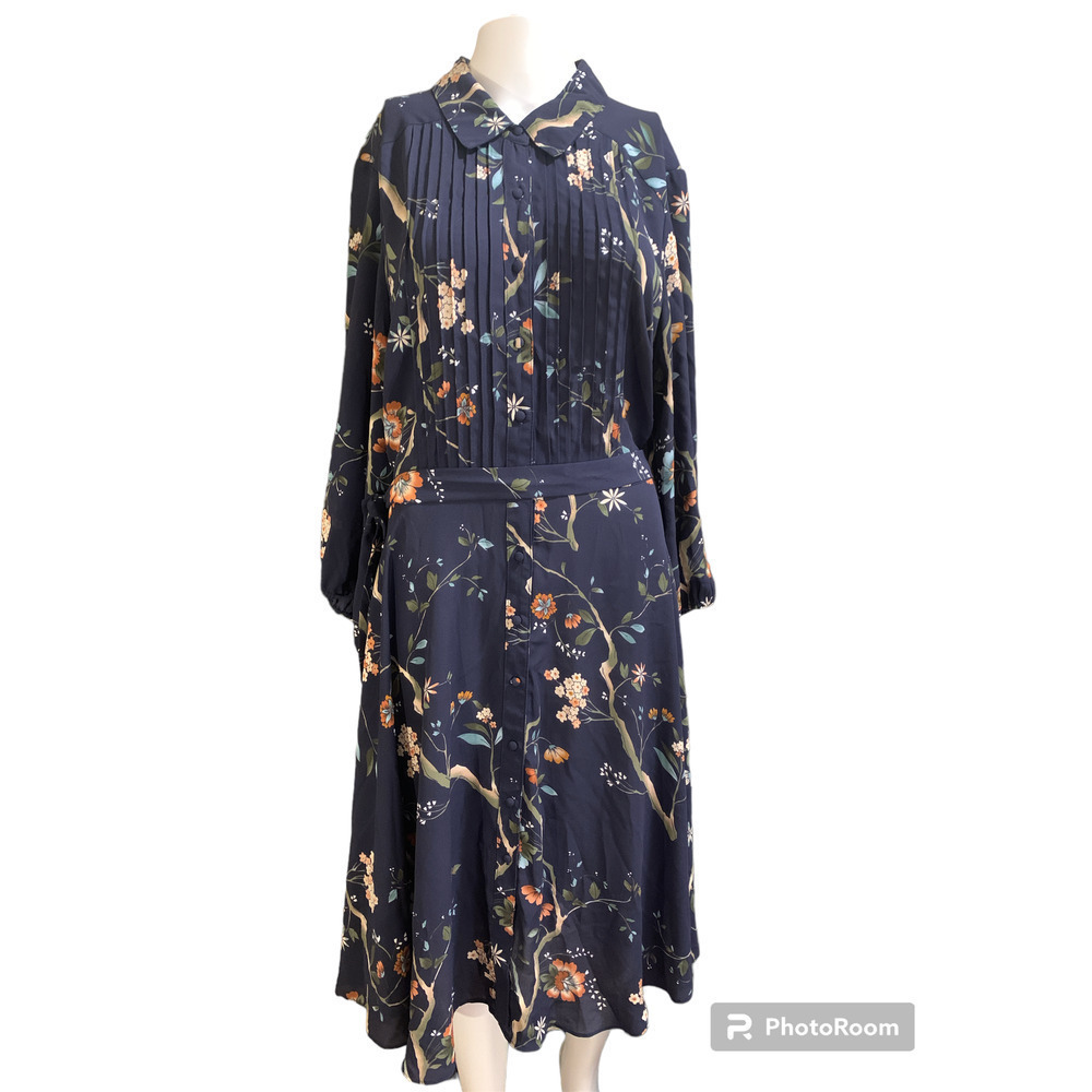 Nanette Lepore Women 14 Drop Waist Long Sleeve Shirt Dress Navy Blue Floral NWOT